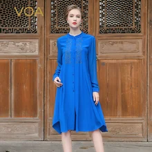 VOA 2017 Summer Royal Blue Embroidery Silk Shirt Dress Chinese Style Vintage Elegant Stand Collar Long Sleeve A-line Dress B7197