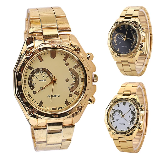 

2017 New Arrival Women's Men's Golden Color Stainless Steel Band Analog Quartz Sport Wrist Watch