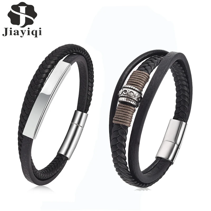 

Men's Leather Bracelet Magnetic-Clasp Braided Multi-layer Wrap Male Bracelet 18.5CM