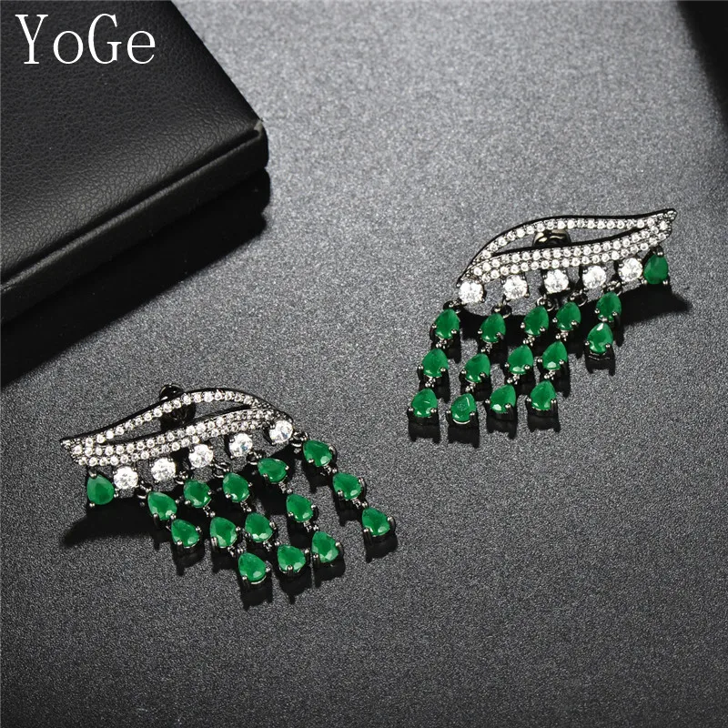 YoGe свадебные и вечерние ювелирные изделия для женщин, E7513 Мода AAA CZ зеленые камни симметричные серьги с кисточками
