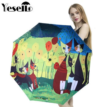 

Yesello Oil Painting Cat Pattern Rain Sun Umbrella Folding Thickening Anti UV Fashion Parasol Abstract Art Design Women Umbrella