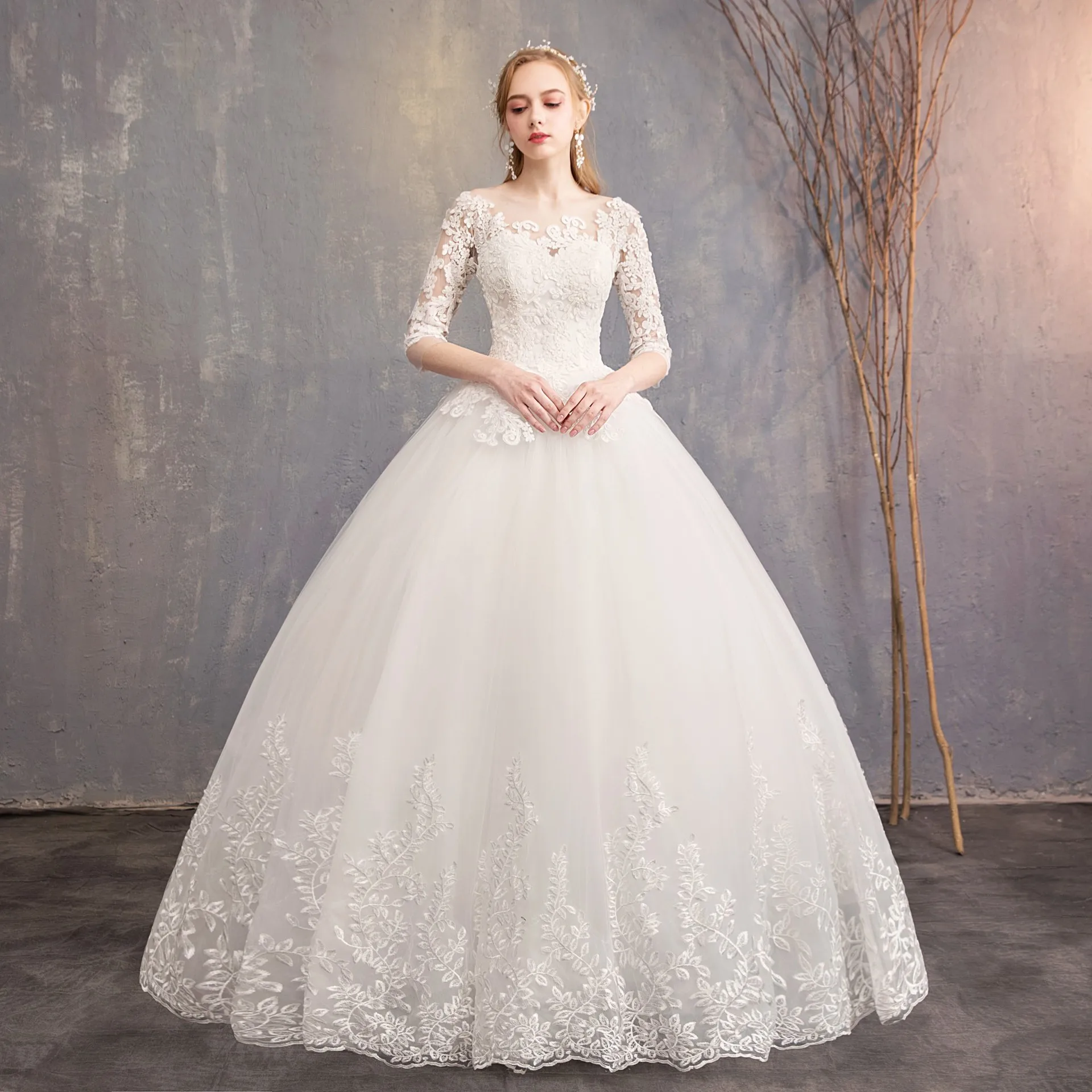 2019 новое поступление сделать дауэр Половина рукава Свадебное платье кружево бальное принцессы Простой свадебное платье невесты Vestido De Noiva