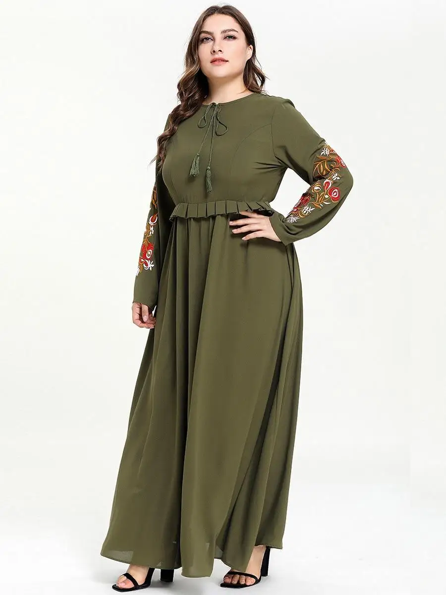 Армейское зеленое Свинг мусульманское длинное платье офисные женские повседневные платья Maxi 2019 новые элегантные Этнические Твердые