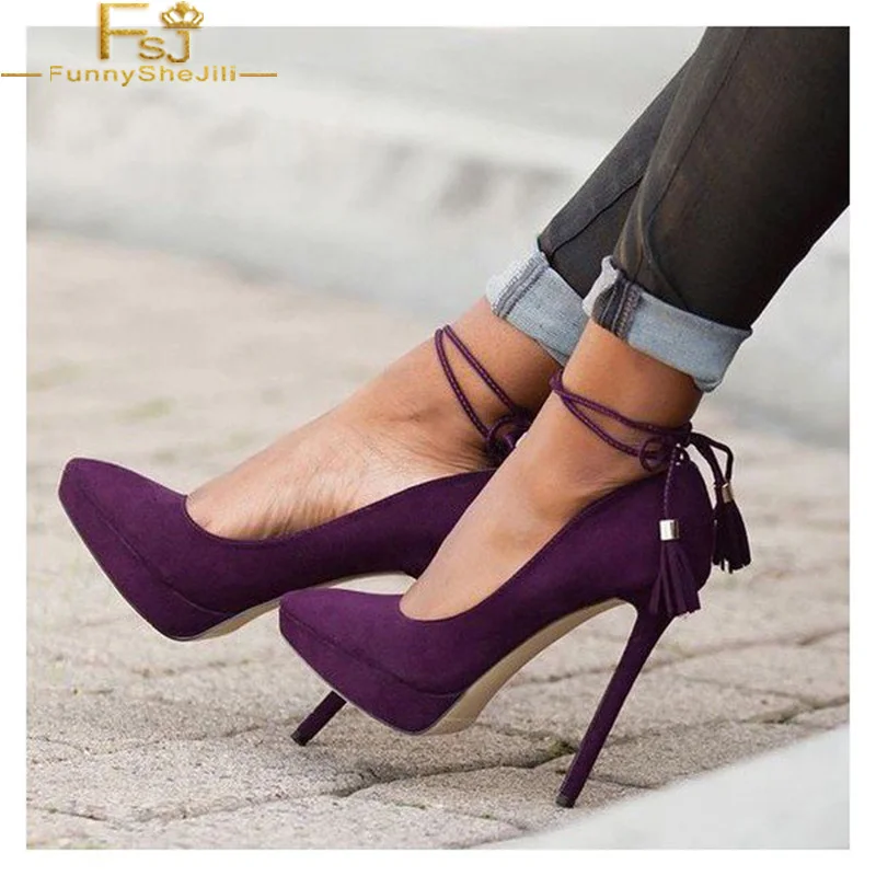 FSJ Fashion Flock Women's Purple Stiletto Heels 12cm Pointed Toe ...