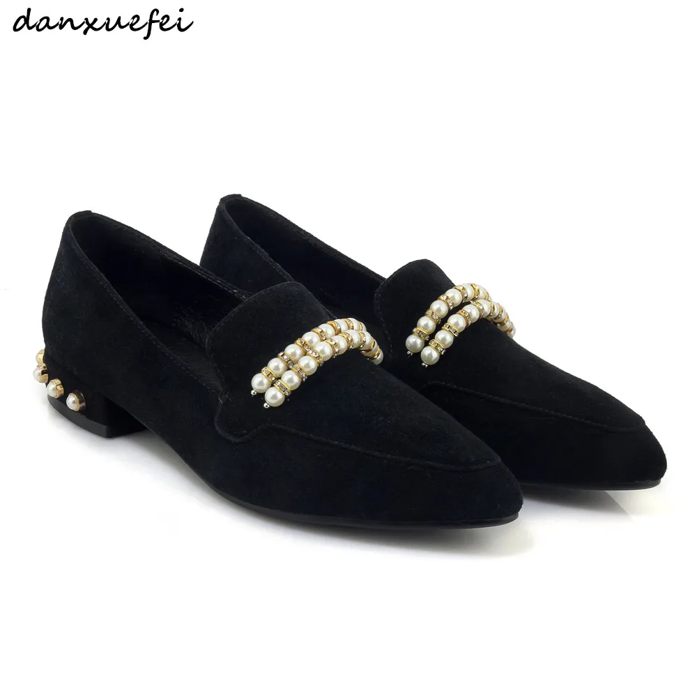 

Women's genuine suede leather flats slipons brand designer beading buckle spring new female single shoes pointed toe moccasins