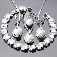 925 пробы серебряные свадебные жемчужные Ювелирные наборы женские жемчужные свадебные серьги браслет камень CZ ювелирные изделия кулон ожерелье Кольца Набор