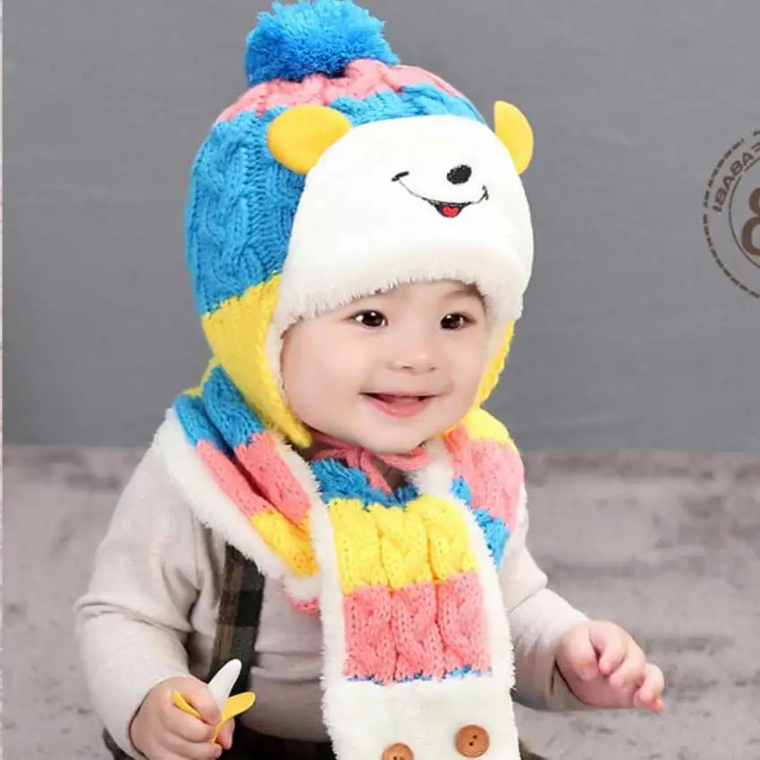 

Winter Baby Girl Hat And Scarf Set For Child Boy Kids Smiling Face Cartoon Design Stripe Knit Beanie Cap Scarves Warm 2 Pcs Suit