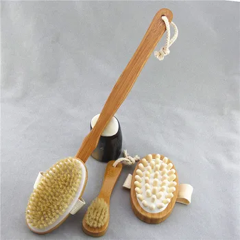 

2019 Fashion Bamboo One-pole Dual-purpose Brush Head 3-piece Bath Set Rubbing Back Face Body Bath Brush Set Cleaner Scrubbers
