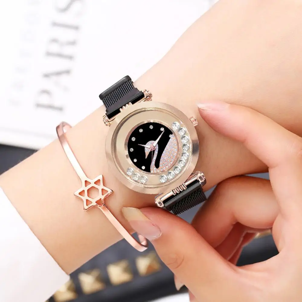 

New Women Magnet Watch Fashion Black Mobile Rhinestone Watch Women Starry Sky Quartz Wristwatches Waterproof Clock montre femme