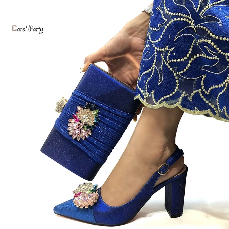 

2019 African Special Design Ladies Shoes and Bag Set Royal blue Color Italian Shoe with Matching Bag Comfortable Heel Women Shoe