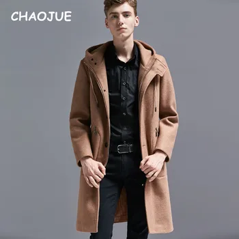 

CHAOJUE Men's Hooded Woolen Coat 2018 Preppy Style Student Zipper Coat Trench England Male Fashion Loose Winter Outwear