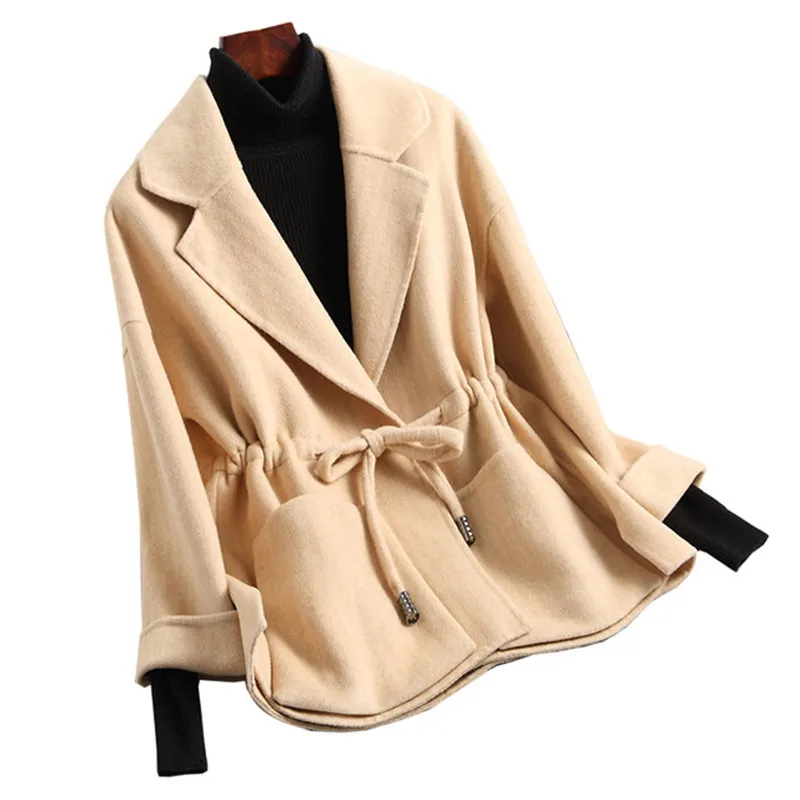 

2019 Wool Woolen Coat Women Clothing Short Belt Double-Faced Wool Cashmere Coat Winter Ladies Fashion Cashmere Windbreaker A648