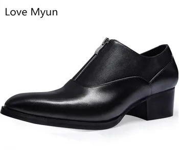 

New genuine leather mens dress shoes high heels fashion round toe zip height increase 5 CM black wedding shoes men oxford shoe