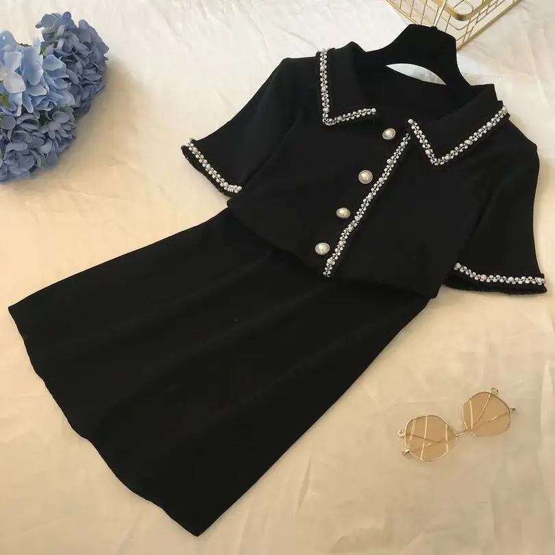 

TAOVK Woman Summer Solid Color Beading Turn-down Collar High Waisted Dress