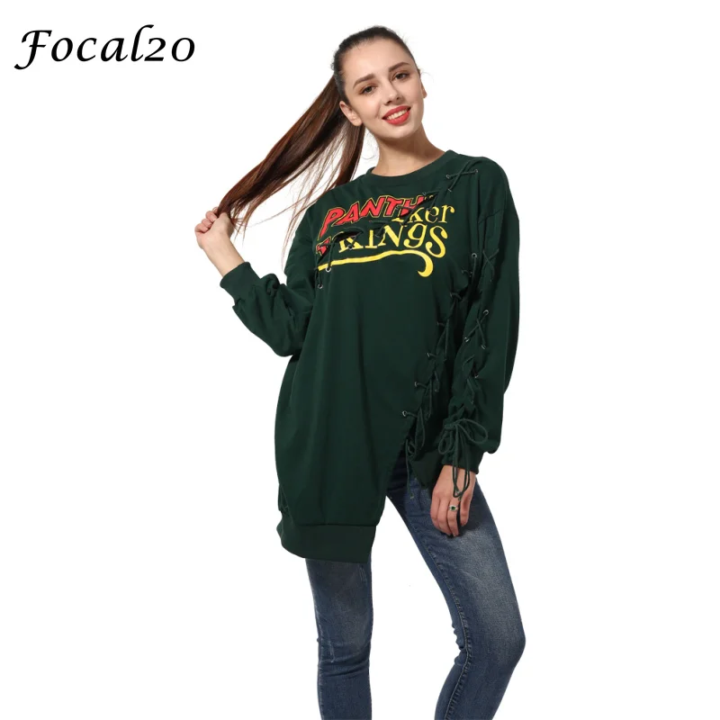 Focal20 Harajuku Для женщин Нерегулярные негабаритных Sweatershirt Письмо печати со вставками на шнуровке АСИММЕТРИЧНЫМ ПОДОЛОМ пуловер