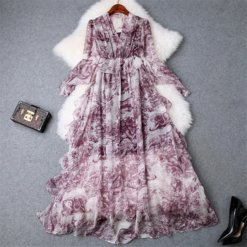 

New 2019 Spring Bohemian Style Fashion Dress Women Designers V Neck Butterfly Sleeve Vintage Print Long Chiffon Dress Vacation