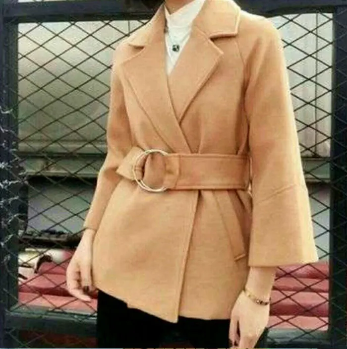 Женское Короткое шерстяное пальто, куртка с поясом, высокое качество, модное свободное ТРАПЕЦИЕВИДНОЕ Женское зимнее пальто цвета хаки, верхняя одежда, S-2XL