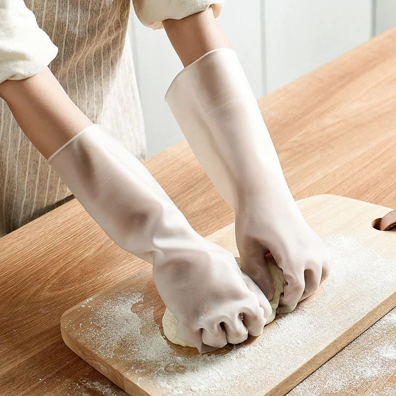 

1 Pair of Multi-function Kitchen Cleaning Silicone Gloves with Long Cuffs Dish Washing Gloves Kitchen Supplies Accessories