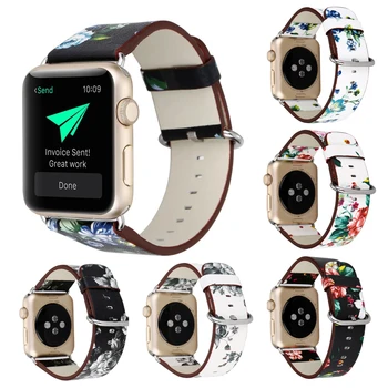 

Hot Sale Floral Printed Leather strap for Apple Watch band 42mm/38mm for iwatch 3 2 1band Bracelet Painted leather watchband