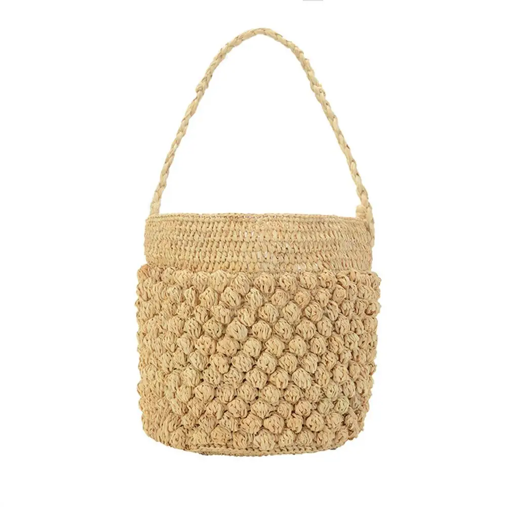 

Large Capacity Ladies Bucket Bag Shopping Bag Handmade Straw Handbag Solid Color Beach Travel Bag