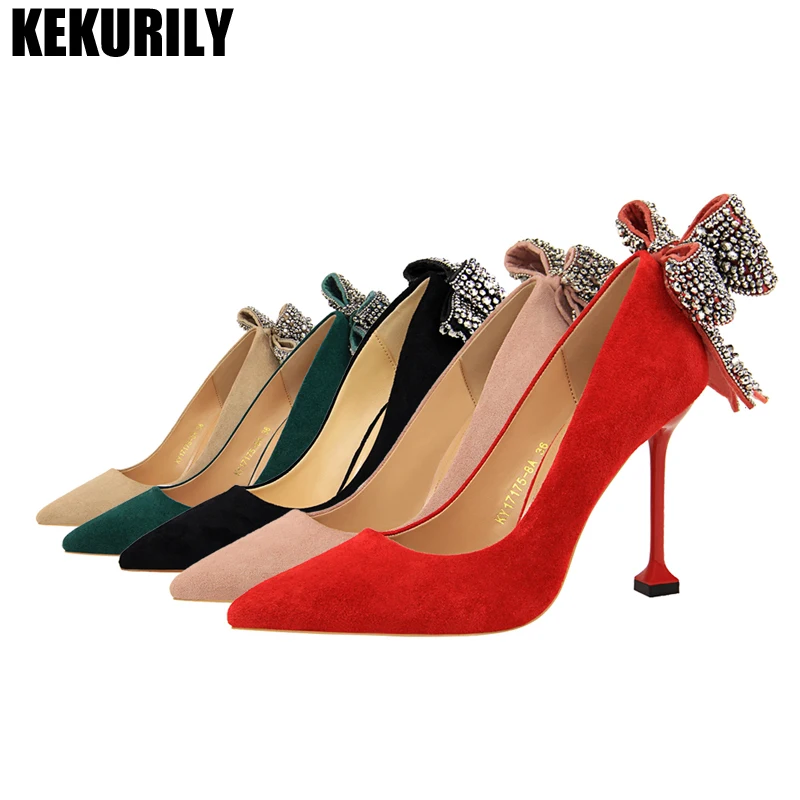 

Shoes Woman Rhinestone Slip on Pump Butterfly Knot High Heel Slides Pointed Toe Sandals Wedding Shoes Black Red Pink Khaki Green