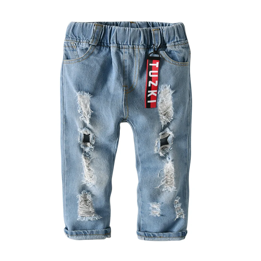 Детские рваные джинсы для мальчиков г. Весна-лето-осень, высококачественные брюки для подростков, Повседневные детские рваные джинсы