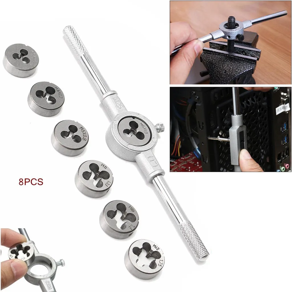 

8 pcs/sets Of Metric Taps Dies Wrench Handle Tap And Die Set M3-M12 Screw Thread Plugs Straight Taper Drill Hand Tools#10