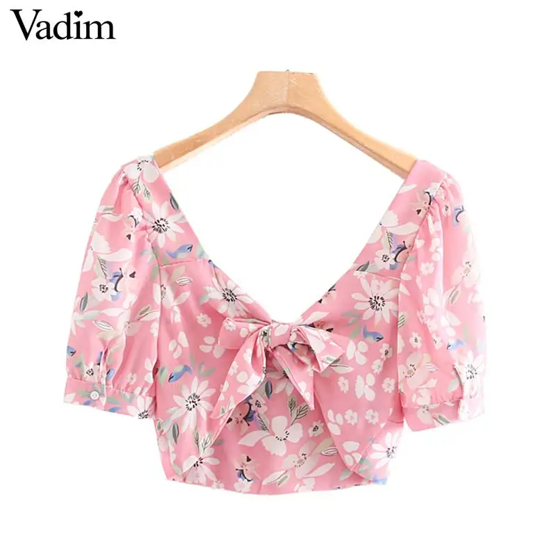 

Vadim women stylish V neck floral print blouse bow tie short puff sleeve shirts female casual summer pink crop tops blusas DA525