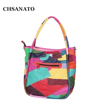 

CHSANATO Europe and America Colorful Geometric Patchwork Bag Casual Genuine leather Shoulder Bags Handbags Women Famous Brand