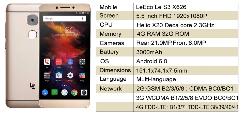 Letv LeEco Le S3 X626, сеть 4G LTE, мобильный телефон, Deca Core, размер экрана 5," 1920X1080 16/32 ГБ флэш-памяти, Встроенная память Android 6,0 отпечатков пальцев 21.0MP глобальной