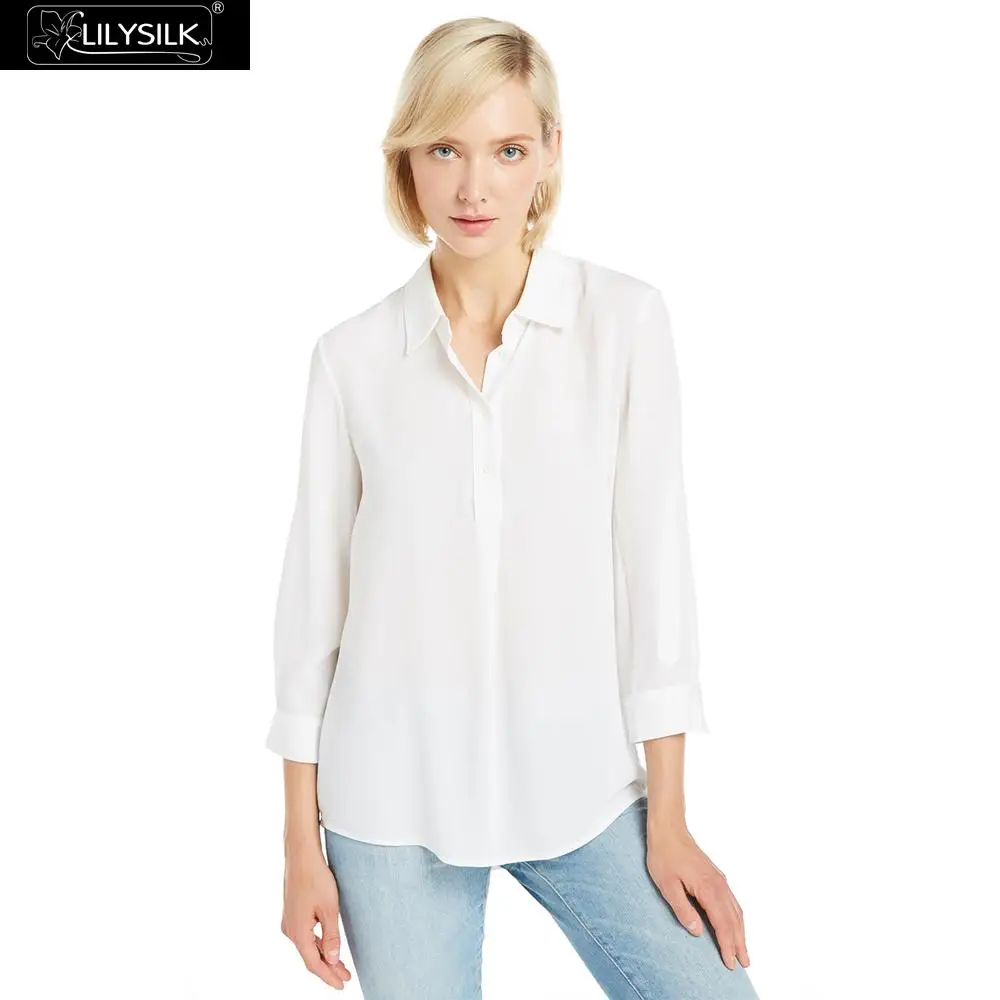 Lilysilk Блузка рубашка Топ футболка Женская 18 мм три четверти шелковая натуральный белый Новинки