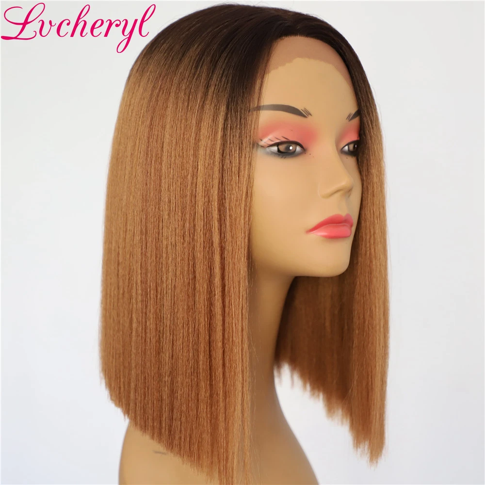 

Lvcheryl Ombre Black Brown Color Short Bob Deep L Parting Heat Resistant Yaki Fiber Synthetic Lace Front Wigs for Women