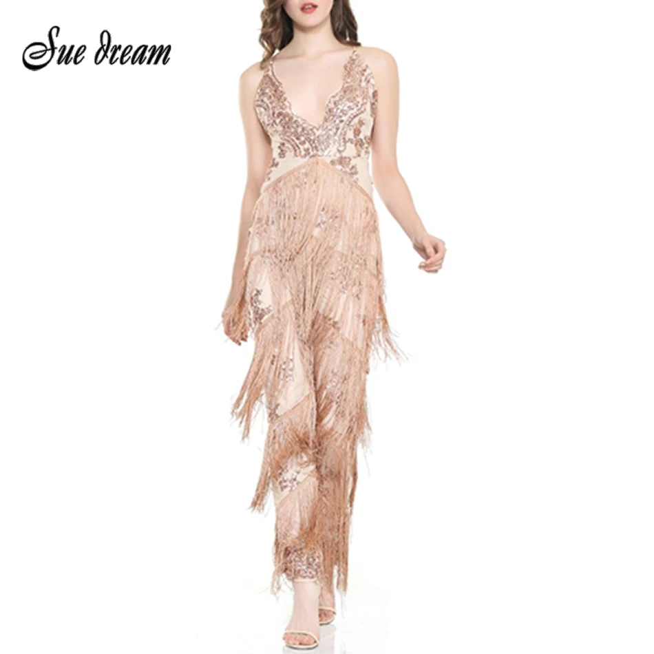 

2017 Summer new women sleeveless v neck bandage jumpsuit sexy slim tassel sequined celebrity party black gold jumpsuits vestidos