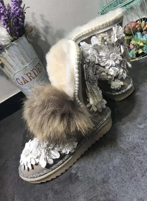 Пользовательские Милые фея с меховыми помпонами для кожи Стразы с объемным цветком; зимняя обувь на кроличьем меху обувь из хлопка