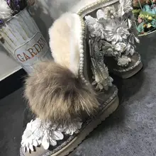 Пользовательские Милые фея с меховыми помпонами для кожи Стразы с объемным цветком; зимняя обувь на кроличьем меху обувь из хлопка