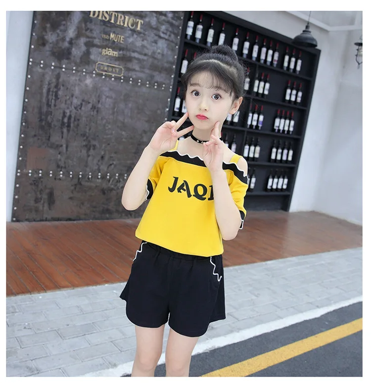 Cute Casual Teenage Clothes For Girls Clothing Sets 2019 Summer Children Shoulderless Letter Tshirt Tops Shorts 2Pcs Kids Suit (17)