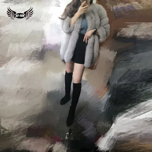 Gray BFFUR Высокое качество натуральный Лисий мех пальто для женщин из натуральной кожи мех Женская куртка зимняя Толстая длинная BF-C1010 из натурального меха - Цвет: Gray