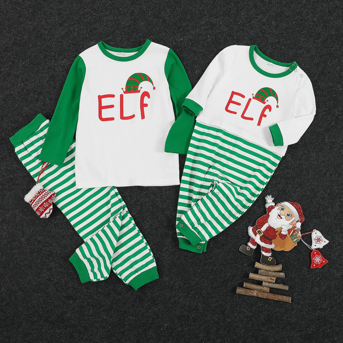 PatPat/осенне-зимняя Рождественская семейная футболка с длинными рукавами и надписью «эльф»; пижамные штаны в полоску; Семейный комплект