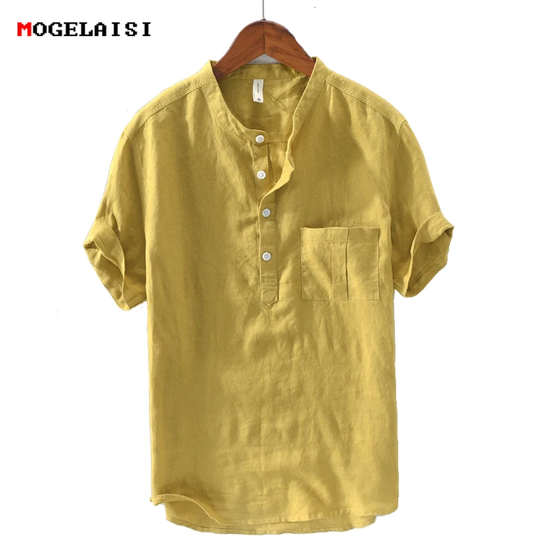 New solid linen shirt men summer short sleeve cotton linen tops for man