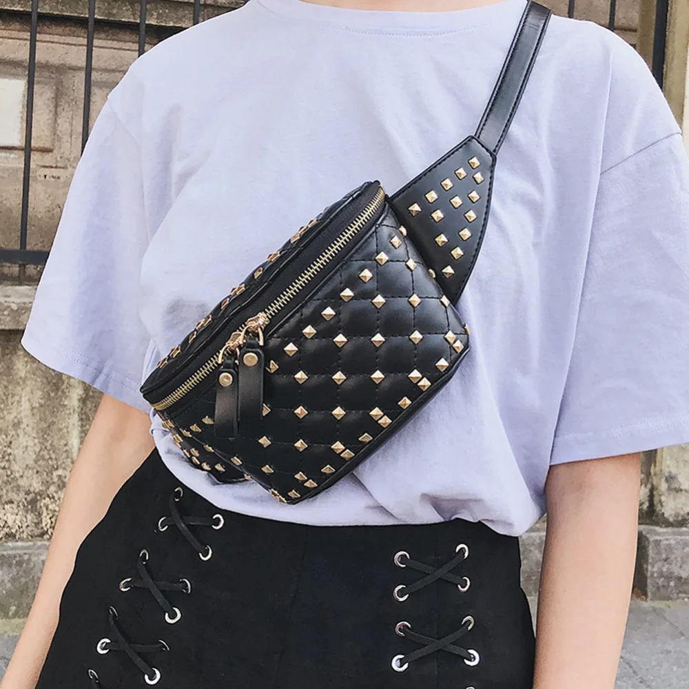 Fashion Punk Rivet Waist bag Women Girls Fanny Pack PU leather Chest Belt Bag Street Black White ...