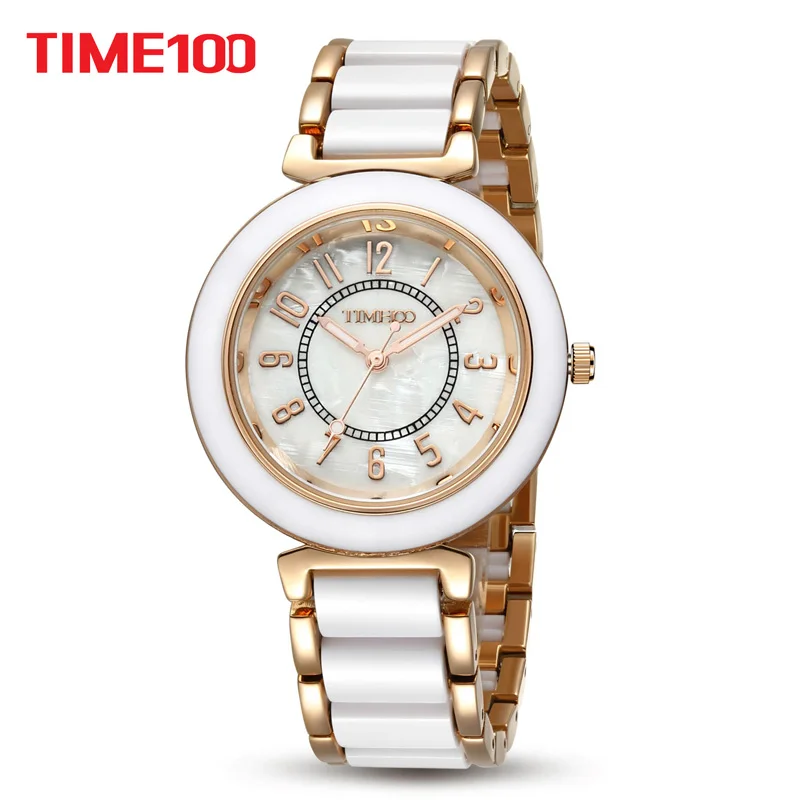 Koop Time100 Gesimuleerde Keramische HORLOGES Vrouwen Quartz horloge Casual Armband Horloges Laides Fashion Luxe Alloy Strap Shell Wijzerplaat