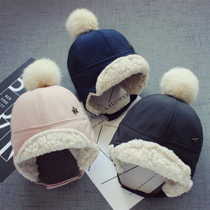 

Baby Winter warm Bomber Hats For kids Thicken Balaclava Cotton Fur Winter Earflap Keep Warm Caps Russian Skull Mask Bomber Hats