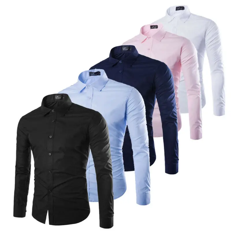 New Men Luxury Formal Long Sleeve Button Small Casual Solid Slim Fit Business Dress Shirts Top