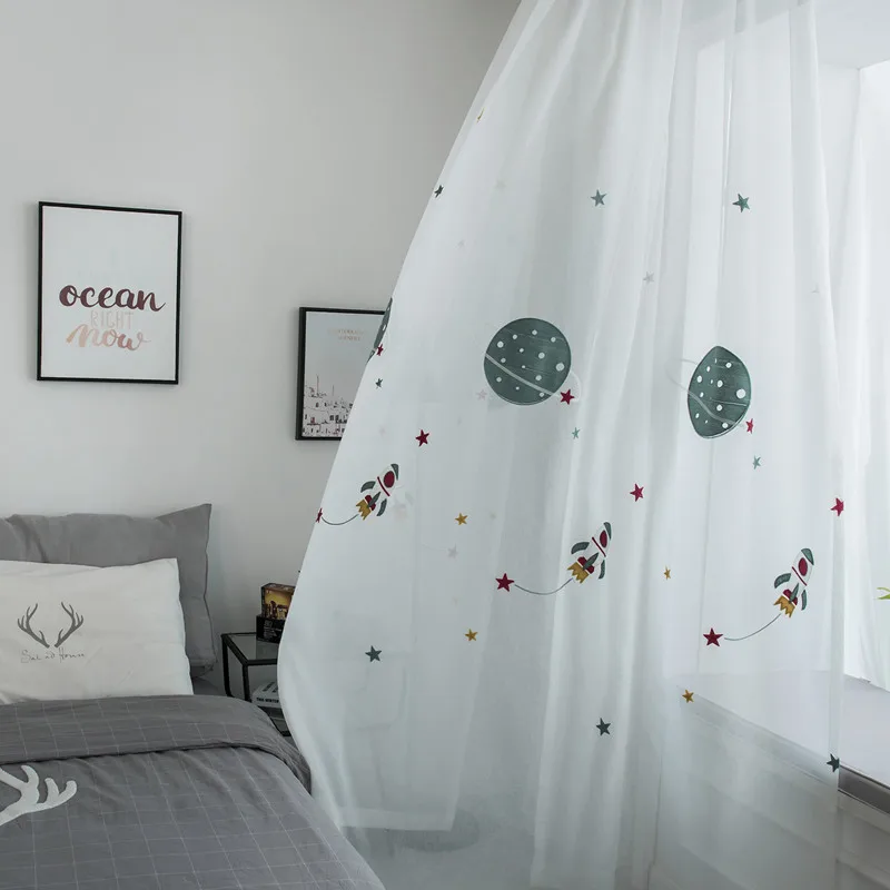Tiyana, Мультяшные шторы с изображением планет для гостиной, детской спальни, звездная вуаль, отвесная занавеска, дизайн ракеты, тюль, Cortinas P20X - Цвет: Tulle