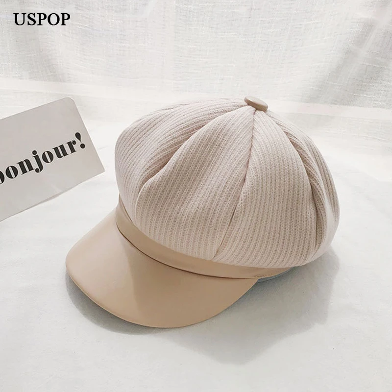 

USPOP 2019 New striped octagonal hats women patchwork newsboy caps female fashion PU brim berets retro knitted visor cap