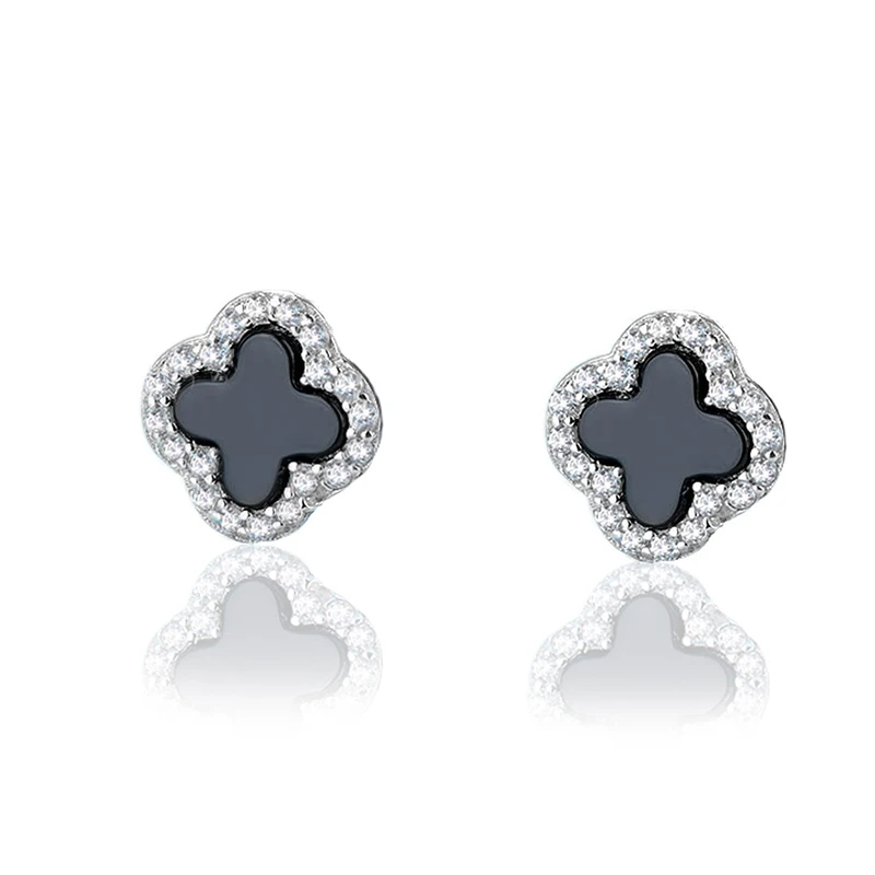 

Black Agate Zircon 925 Sterling Silver Stud Earrings embelished with crystal from Swarovski Four-leaf Clover Exquisite
