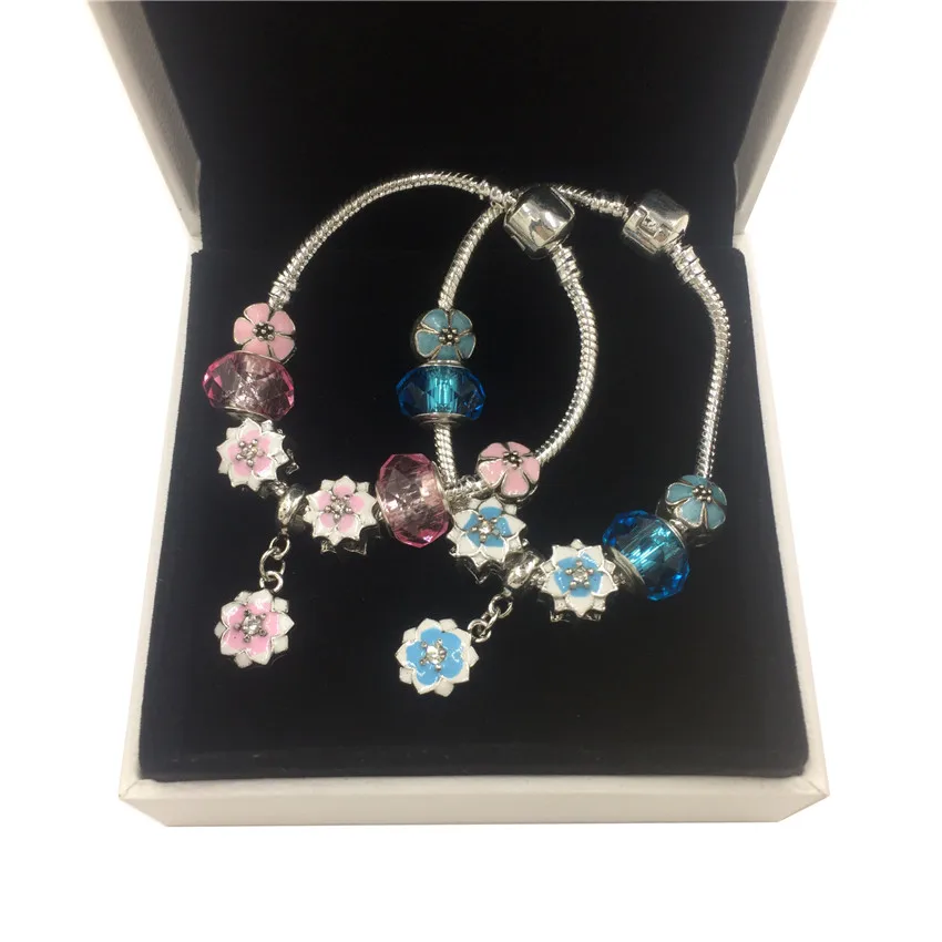 2018 New Pink Cherry Blossoms Charm Bracelet with beads charms Fits European Bead Bangles Diy Jewelry Gift | Украшения и