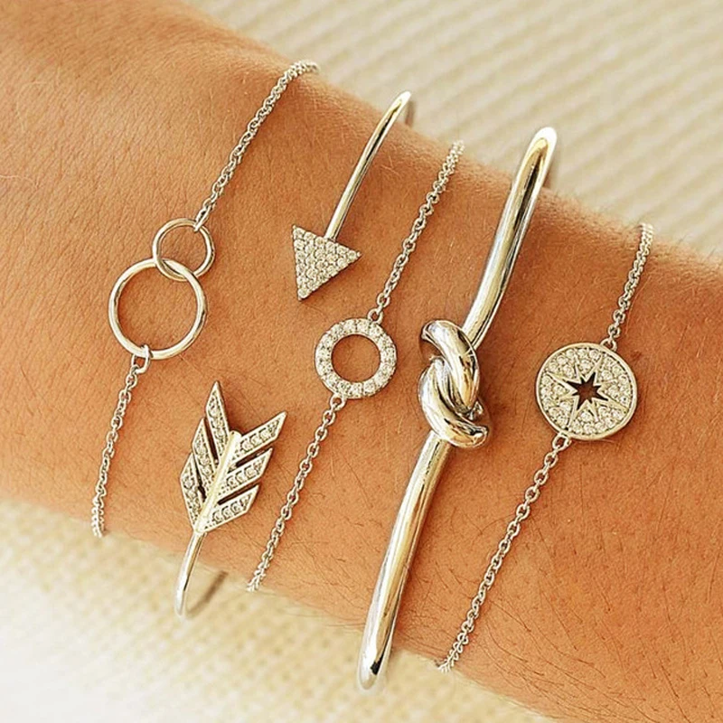 

Tocona Exquisite Knot Arrow Crystal Star Layering Silver Bracelet Set for Women Girl Open Rhinestone Bangle Jewelry Gift 4079