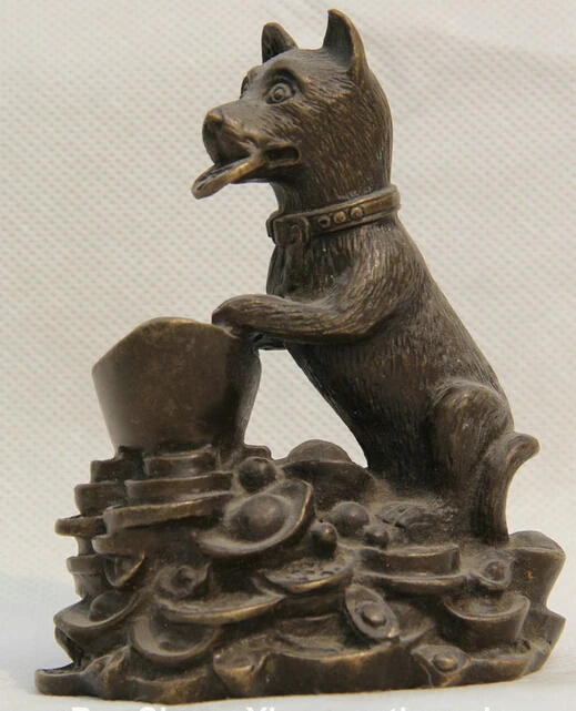 

4" Old Chinese Folk Bronze Zdiac Year hunting Dog Doggie Wealth Yuan Bao Statue S0705 B0403