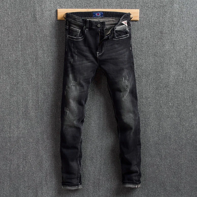 

Fashion Classical Men Jeans Black Color Vintage Designer Slim Fit Ripped Jeans Men Streetwear Hip Hop Pants Biker Jeans Homme